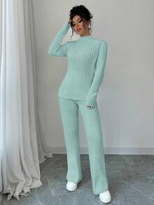 SHEIN PETITE 女款薄荷綠兩件式針織毛衣套裝，秋季休閒居家服，優雅專業辦公通勤裝，復古街頭風米色上衣，適合嬌小女性 - 薄荷綠 - 查看 3