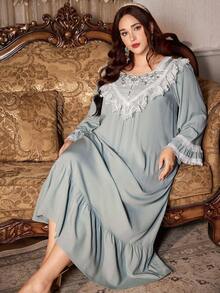 PalaceNights Vintage Palace Style Tassel Embroidered Lace Patchwork Loose Long Plus Size Nightgown, Moo Moo Night Dress - Green - View 6