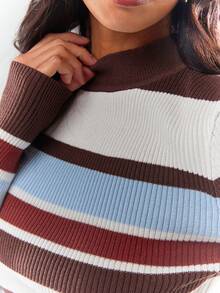 Glamine 女士条纹撞色短款立领套头毛衣，优雅女士秋冬上衣，女士套头衫，秋季毛衣，女士条纹毛衣，冬季女士毛衣，女士短款毛衣 - 彩色 - 查看 7