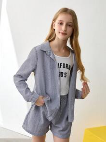 Tween Girls Striped Long Sleeve Shirt And Shorts Set - Navy Blue - View 1