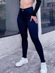 Jeans de cintura alta y ajuste ceñido lavados, Jeans de cintura alta y ajuste ceñido de elasticidad alta, Ropa de denim y ropa para mujeres, Jeans de denim ajustados para mujeres, Pantalones de denim para mujeres, Súper elásticos, Push up, Cintura alta, Estilo casual, Jeans azules ajustados y elásticos, Jeans de denim casuales - Azul Marino - Ver 2