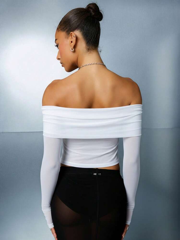 SUMWON Off Shoulder Bardot Long Sleeve Crop Top With Thumb Holes Mesh Overlay Fashion