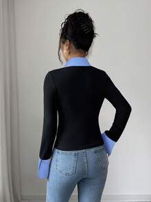 SHEIN Elenzya 女款優雅拼色收腰長袖上衣 - 黑色 - 查看 2