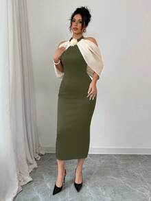 Selianne Color Block 3D Floral Decor Off Shoulder Casual Dress Maxi Women Outfit - Army Green - View 5
