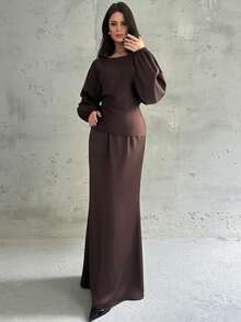 Firerie Women's New Elegant Romantic Casual Urban Commute Elegant Fashion Versatile Coffee Brown Round Neck Batwing Long Sleeve Tie-Waist X-Shaped Regular Fit Blouse & Regular Fit Loose Fish Tail Hem Skirt, Teacher Outfit, Autumn - Brown - View 6