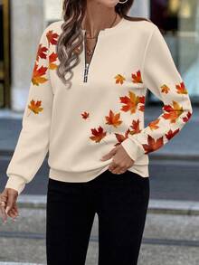 EMERY ROSE Sweat-shirt col rond à demi-zip avec imprimé feuille d'érable, décontracté, convient pour l'automne/l'hiver