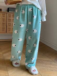 Dazy Plus 加厚卡通图案宽松直筒家居裤，保暖内衬，适合大码女性和女孩的休闲睡衣，秋冬季 - 薄荷綠 - 查看 5