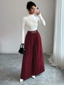 Selianne New Women High Waist Side Zipper Decor Button Design Flared Leg Casual Elegant Trousers, Suitable For Spring And Autumn