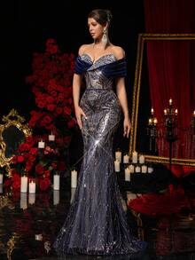 Glamrae 优雅奢华灰蓝色亮片刺绣手工露肩荷叶边鱼尾女士正式晚礼服 - 灰藍色 - 查看 6