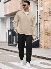 EASEVO Men's Fashion Casual Solid Color Half Zip Pullover Pullover Sweatshirt, Plus Size Mens Half Zip Sweatshirt Men Plus Size Hoodies Mens Quarter Zip Men S Quarter Zip - Khaki - View 5