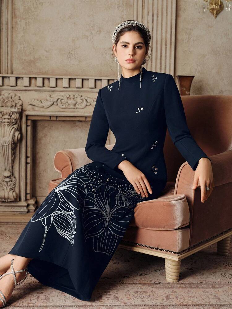 Elegant Floral Rhinestone Print Mandarin Collar Long Sleeve Straight Long Dress For Women, Suitable For Banquet, Birthday Party