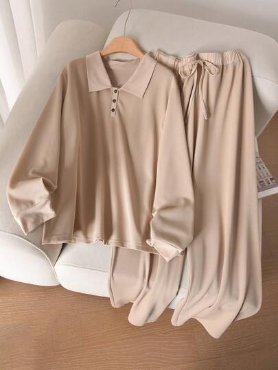 CosyJoli Women's Plus Size Solid Color Half-Zip Long Sleeve Breathable Top And Pants Casual 2-Piece Set