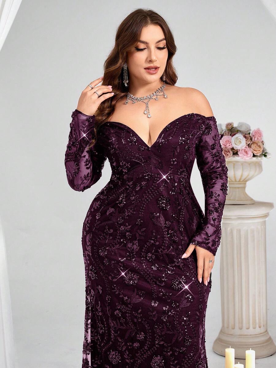 Coutiva فستان سهرة طويل الأكمام مكشوف الكتف مزين بالترتر للنساء ذوات الحجم الكبير (مزخرف بشكل كبير) - الأرجواني - مشاهدة 1