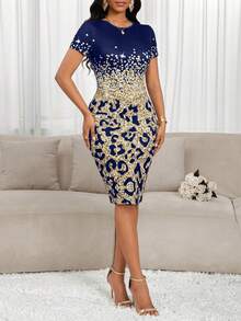 SHEIN Lady Plus Size Leopard Gradient Print Round Neck Short Sleeve Mid-Length Fitted Dress For Holiday Party,Birthday&Event Leopard Print Royal Blue Elegant Dress Women Pencil Dress For Women Bodycon Summer Dress Luxury Dress For Women Rehersal Dinner Dress  Spring Summer Dress  Party Dress  Birthday Dress Elegant Dresses For Women Royal Blue Bodycon Dress Leopard Print Dress Women Summer Dress Carnival Costume - Navy Blue - View 6