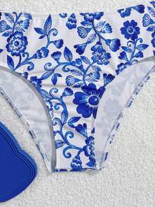SHEIN Bộ đồ bơi bikini tam giác thắt nút họa tiết hoa nhỏ xinh dành cho bé gái 2 mảnh - Màu xanh lam - Xem 7