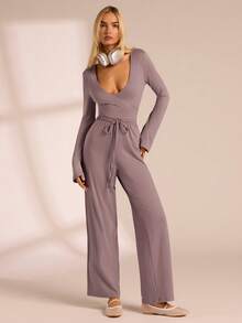 Glamine Mono informal de mujer de unicolor con cuello en V y cordón - Púrpura polvoriento - Ver 3