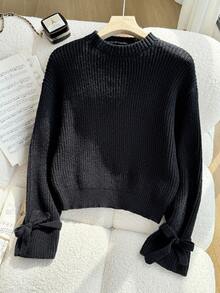 Comfortable Black Knit Cuff Tie Loose Pullover Sweater,Cute Back-To-School Autumn Clothes For Tween Girl,School Bow Sleeve Casual Versatile Simple Top - Coffee Brown - View 1