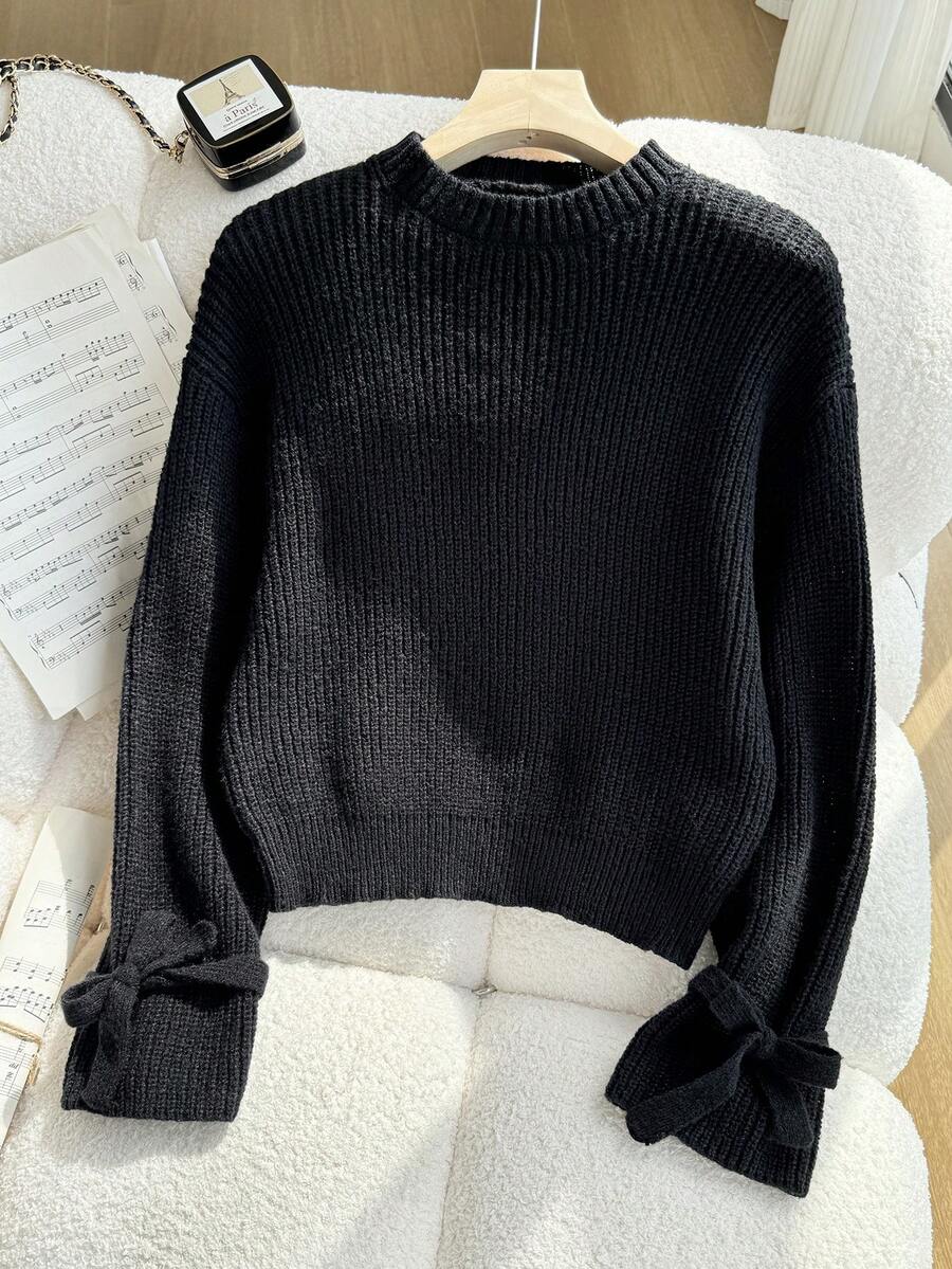 Comfortable Black Knit Cuff Tie Loose Pullover Sweater,Cute Back-To-School Autumn Clothes For Tween Girl,School Bow Sleeve Casual Versatile Simple Top - Coffee Brown - View 1