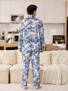 CoupledUp Chinese Style Figure Print Long Sleeve & Pants Men's Pajama Set - Multicolor - View 7