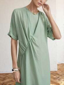 Aalyst Women's Solid Color Long Sleeve Loose Asymmetrical Summer Dress - Mint Green - View 4