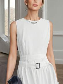Aalyst Summer Casual Commuting Solid Color Sleeveless Dress - White - View 5