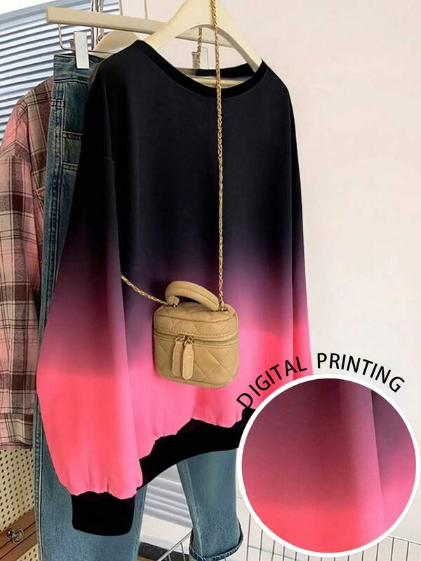 SHEIN 女士渐变印花圆领长袖加大码卫衣，秋冬新品