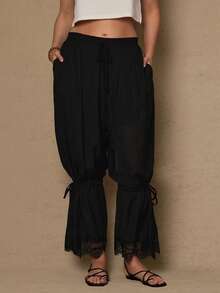 Freevana Plus Size Casual Drawstring Hem Mesh Cropped Pants Casual Pocket - Black - View 2