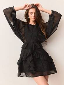 Revavyn Đầm mini tay dài bồng bềnh, dáng rộng, cổ tròn, cài nút nhiều lớp, màu trơn, thiết kế mới cho nữ mùa thu/đông - màu đen - Xem 5