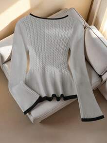 SHEIN Franclia French Elegant Square Neck Stretchy Long Sleeve Knit Sweater,Black And White Contrast Trim Ruffle Hem Pullover,Autumn Elegant Work Knit Top For Women - Grey - View 2