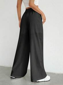SHEIN EZwear Drawstring Waist Wide Leg Trousers - Black - View 2