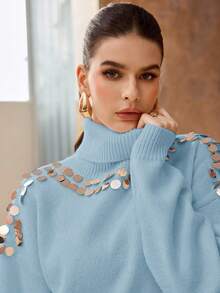 Modelyn Sweater Wanita Modis Buatan Tangan dengan Hiasan Payet, Leher Tinggi, dan Bahu Longgar, Lengan Panjang - Biru - View 6
