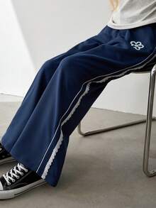 Tween Girls' Fashion Casual Lace Trim Embroidered Pants - Navy Blue - View 1