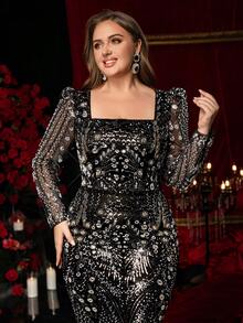 Glamrae Plus Size Elegant Classy Luxury Black Beaded Embroidered Square Neck Long Sleeve Fitted Mermaid Hem Dress Winter Formal Dinner Evening Party Halloween - Black - View 6