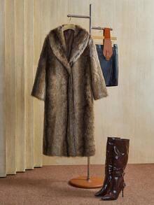 Anewsta معطف فرو صناعي فضفاض طويل ناعم وفاخر مخطط للنساء في فصل الخريف/الشتاء - بني - مشاهدة 7