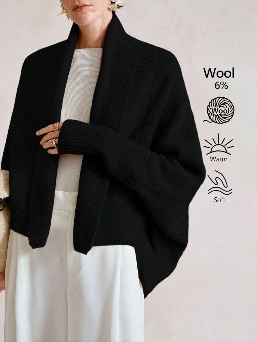 SHEIN Stylify Áo khoác cardigan dệt kim rộng dáng rộng viền bất đối xứng thời trang thu đông mới cho nữ, thời trang cao cấp thanh lịch, đa năng cho việc đi lại hàng ngày - màu đen - Xem 1