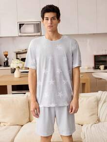 CoupledUp Men's Casual Star Print Crew Neck Short Sleeve Top And Shorts PJS Men Night Wear Couple Pjs Men Sleepwear Couple Matching PJS Summer Sleep Wear Sets - Light Grey - View 6