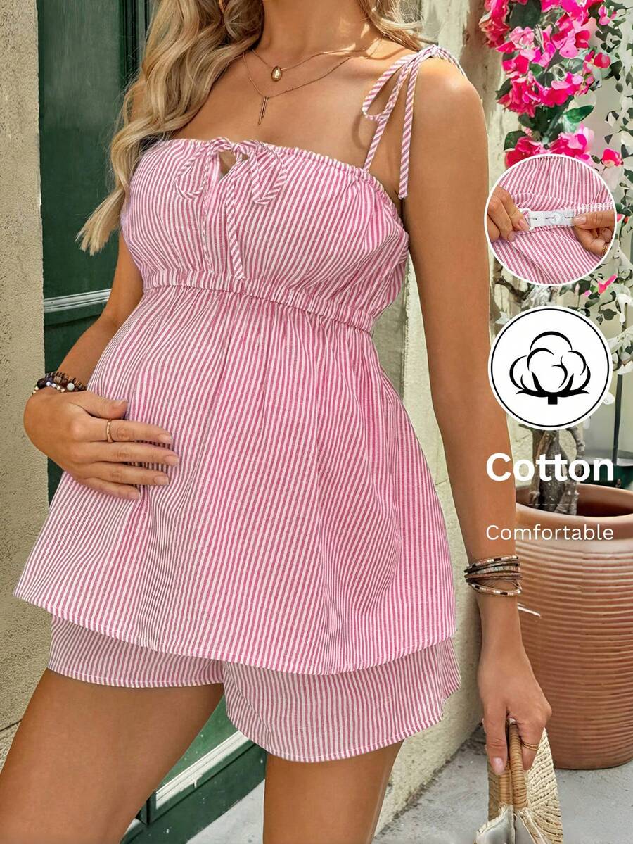 SHEIN 孕妇夏季休闲度假条纹印花打结吊带娃娃衫上衣和可调节腰带短裤两件套 - 粉色 - 查看 1