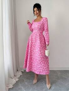 Rafferiza Robe longue à manches longues Raffinéa, élégante et romantique, avec un motif floral texturé. Tissu jacquard gaufré. Convient pour les réunions entre sœurs, les rendez-vous de couple, une tenue élégante et romantique. - Rose bonbon - Voir 3