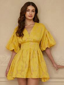 Aveloria Rosie Đầm tay phồng đính nút ngọc trai phong cách Sweet Girl - Màu vàng - Xem 3