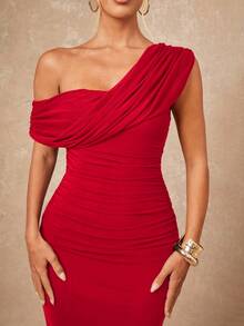 Lumalex 2025新款夏季海滩度假复活节波西米亚风海滩户外婚礼季派对成人仪式返校派对优雅安哥拉红色网纱单肩褶皱修身包臀长裙女式红色婚礼宾客礼服红色单肩连衣裙 - 紅色 - 查看 5