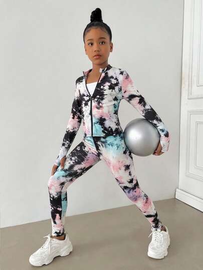 2pcs Tween Girls Tie-Dye Print Knit Activewear Set, Casual Comfortable Sports Outfit For Everyday Wear