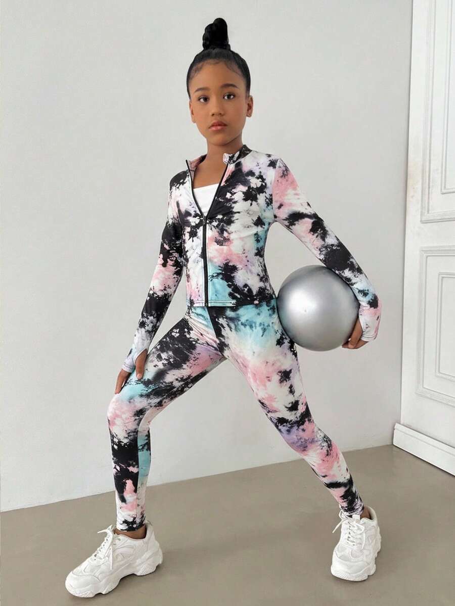 2 Potong Set Pakaian Olahraga Rajut Motif Tie-Dye untuk Anak Perempuan Remaja, Pakaian Olahraga Kasual dan Nyaman untuk Dipakai Sehari-hari - MultiWarna - View 1