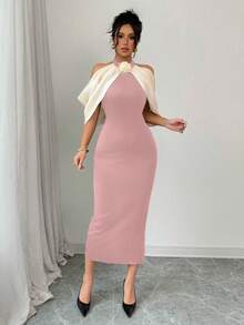 Elenzga Color Block 3D Floral Decor Off Shoulder Casual Dress Maxi Women Outfit - Dusty Pink - View 3