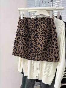 SHEIN Franclia 女士极简通勤豹纹A字裙，新款百搭时尚高腰修身豹纹铅笔裙 - 咖啡棕 - 查看 4