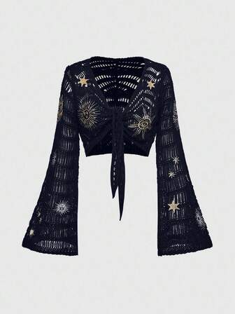 Cárdigan de mujer talla grande con bordado de estilo hippie con diseño de luna y estrellas, cárdigan de punto bohemio informal de talla grande para vacaciones