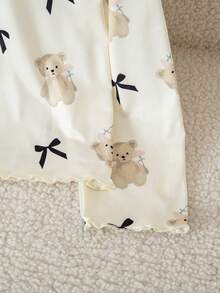 蝴蝶结和小熊印花圆领长袖休闲舒适女童睡衣套装 - 杏色 - 查看 7