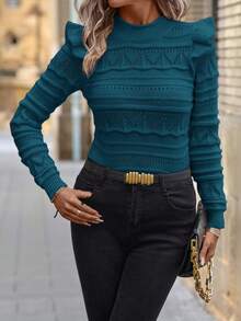 Solivie Áo len móc tay dài viền bèo nhún cho nữ - Màu xanh ngọc - Xem 4