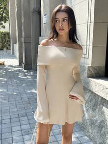 Chiquease Sexy Off-Shoulder Floral Lace Long Sleeve Cropped Dress - Apricot - View 4