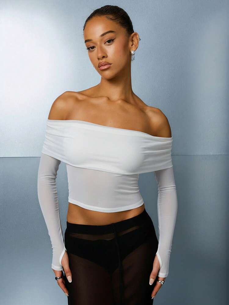 SUMWON Off Shoulder Bardot Long Sleeve Crop Top With Thumb Holes Mesh Overlay Fashion
