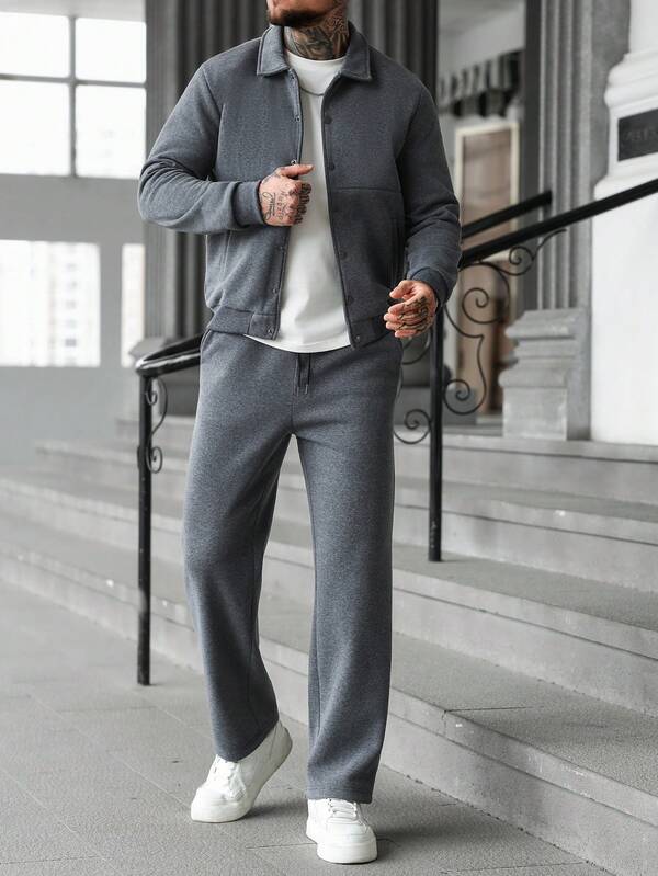 Manfinity CasualCool 男士纯色简约休闲长袖棒球夹克和裤子套装